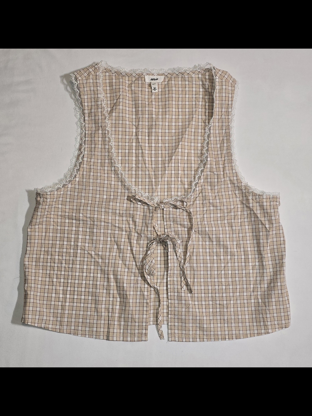 Aerie Plaid Tie Front Vest Lace Trim Tank Top Tan Cream Gingham Cami Crop Small